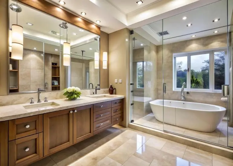 Luxury bathroom with double vanity, walk-in glass shower, freestanding bathtub, and stone tile finishes