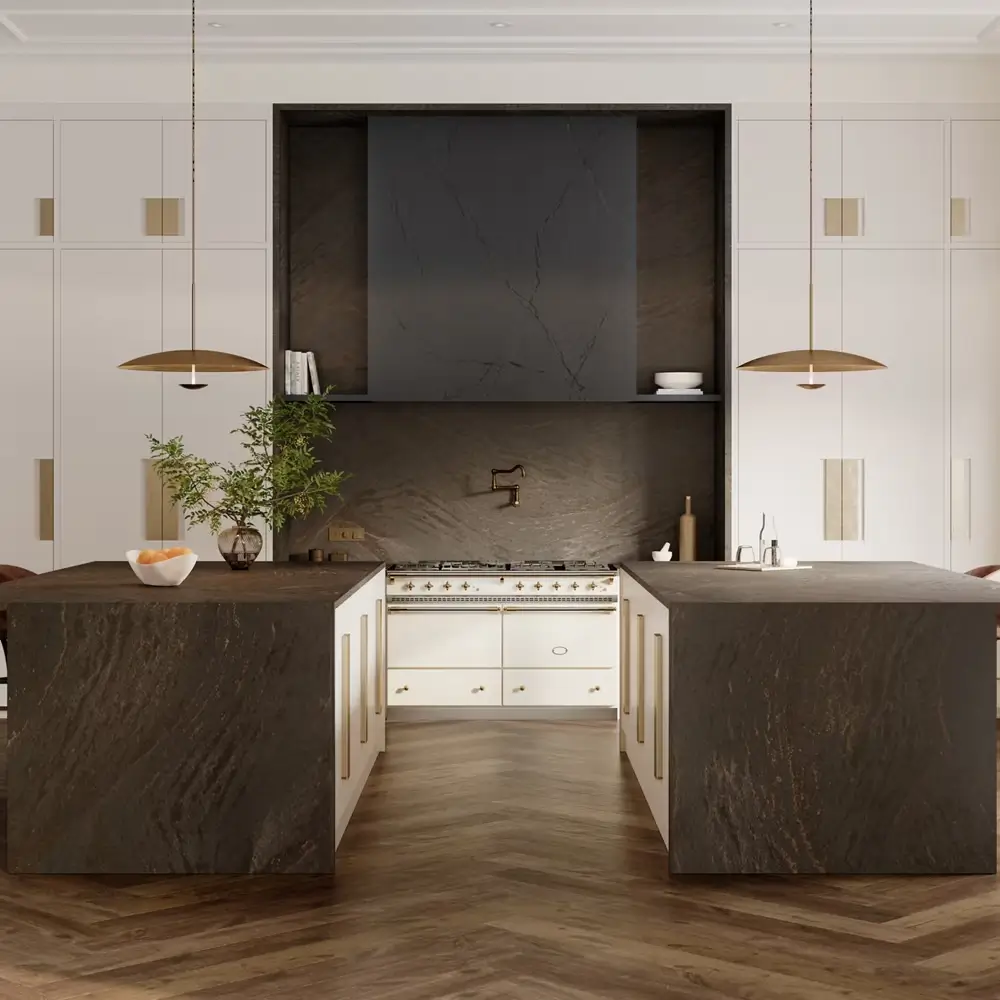 Luxury kitchen with dual waterfall islands and full slab stone backsplash