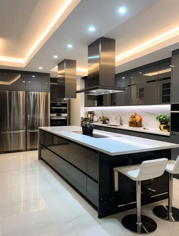 Modern glossy kitchen with island, LED lighting, and stainless steel appliances