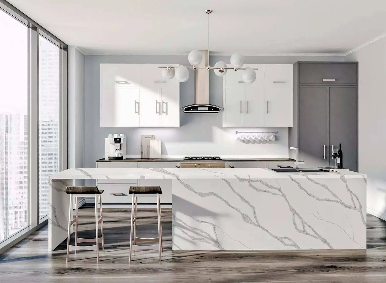 Modern kitchen with large waterfall quartz island, white cabinets, bar seating, and natural light from floor-to-ceiling windows