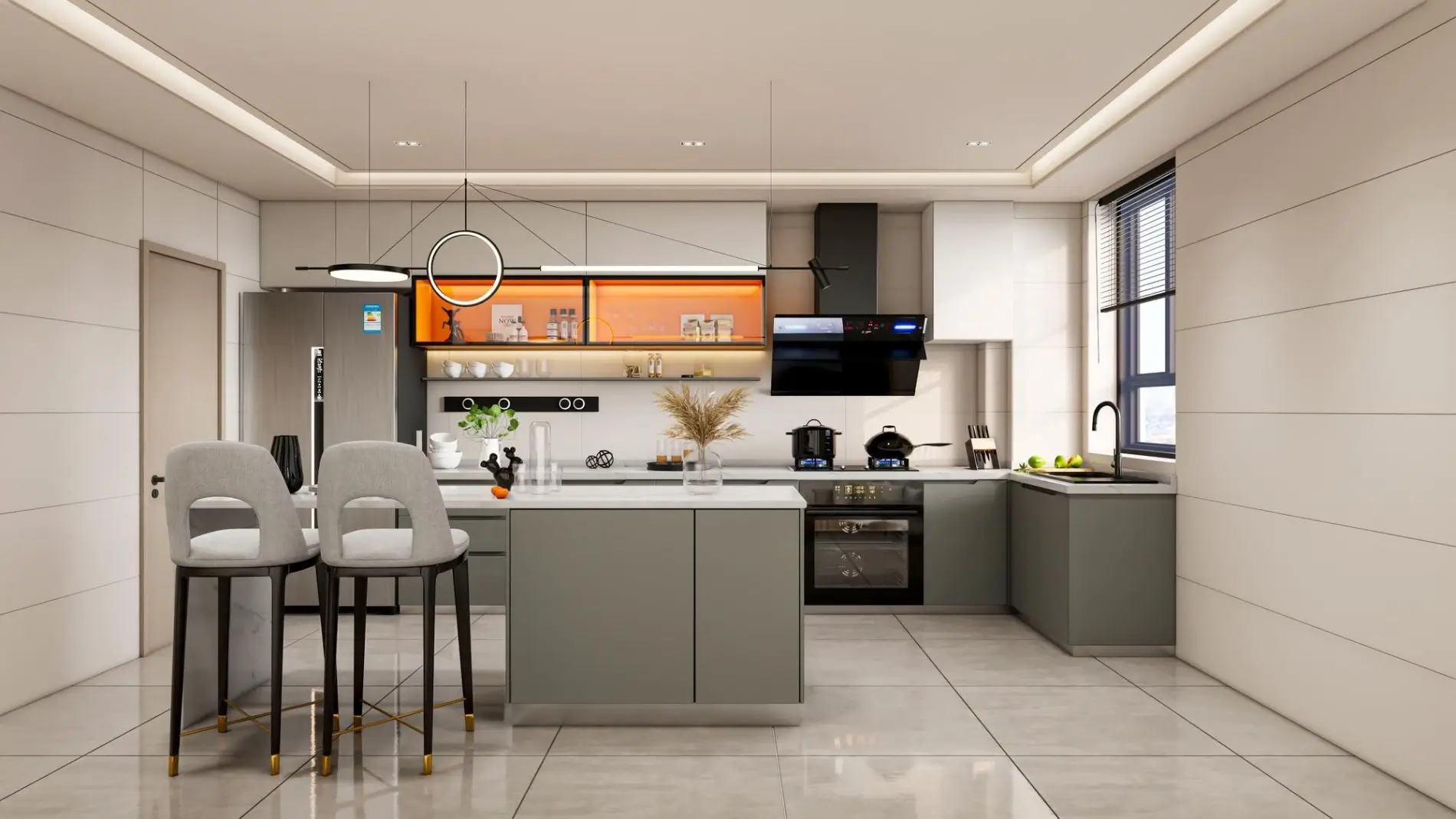 Modern L-shaped kitchen with gray cabinets, center island seating, and warm backlit shelving in a contemporary home