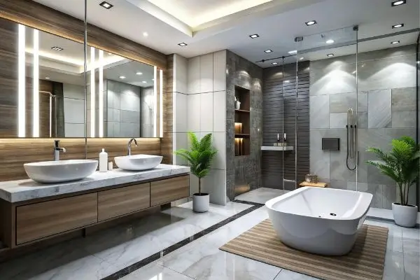 Modern luxury bathroom with freestanding tub, walk-in shower, and double vanity