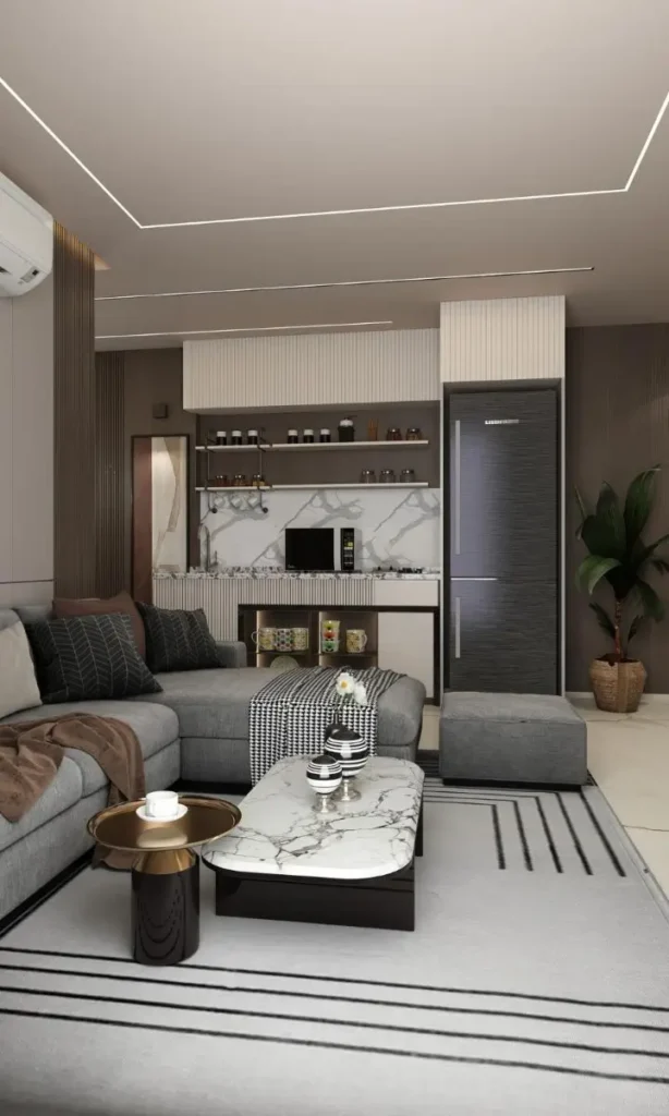 Modern luxury living room with fluted panel kitchenette and marble accents