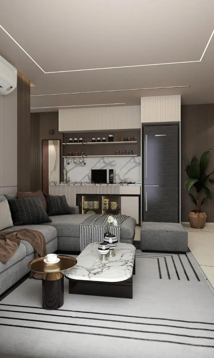 Modern luxury living room with fluted panel kitchenette and marble accents