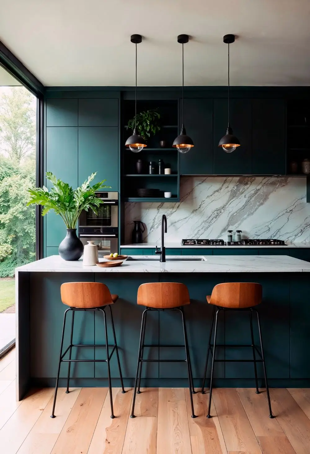 Modern teal kitchen with waterfall island, marble backsplash, and pendant lighting