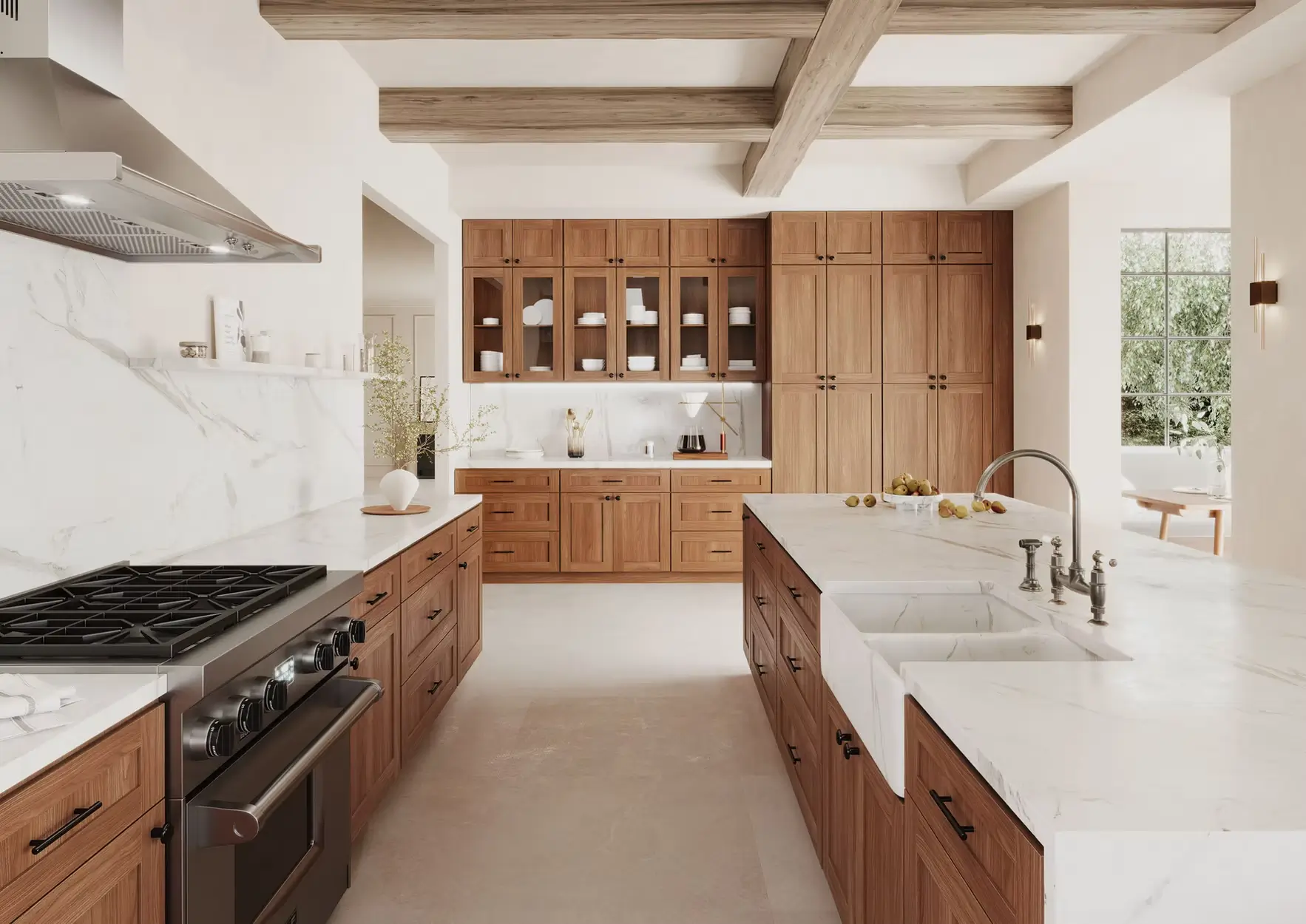 Modern wood kitchen with marble island and exposed ceiling beams