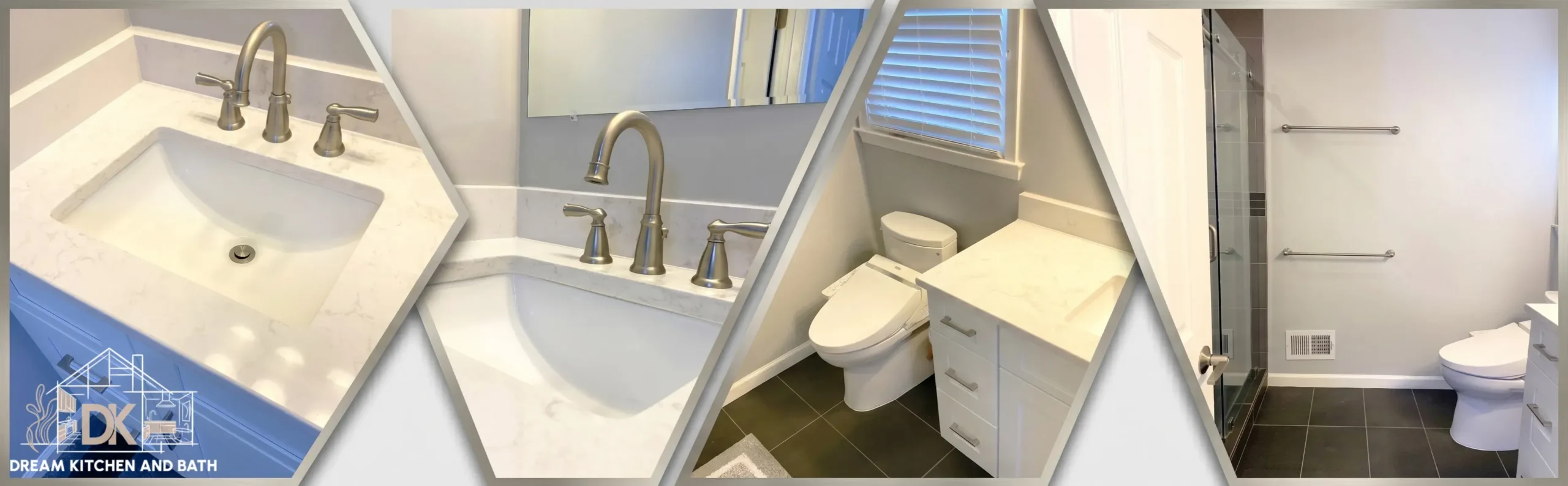 Bathroom fixture detail collage showing brushed nickel widespread vanity faucet, quartz countertop with undermount sink, comfort-height toilet beside white shaker vanity, and frameless glass shower with grab bars in a Northern Virginia bathroom remodel.