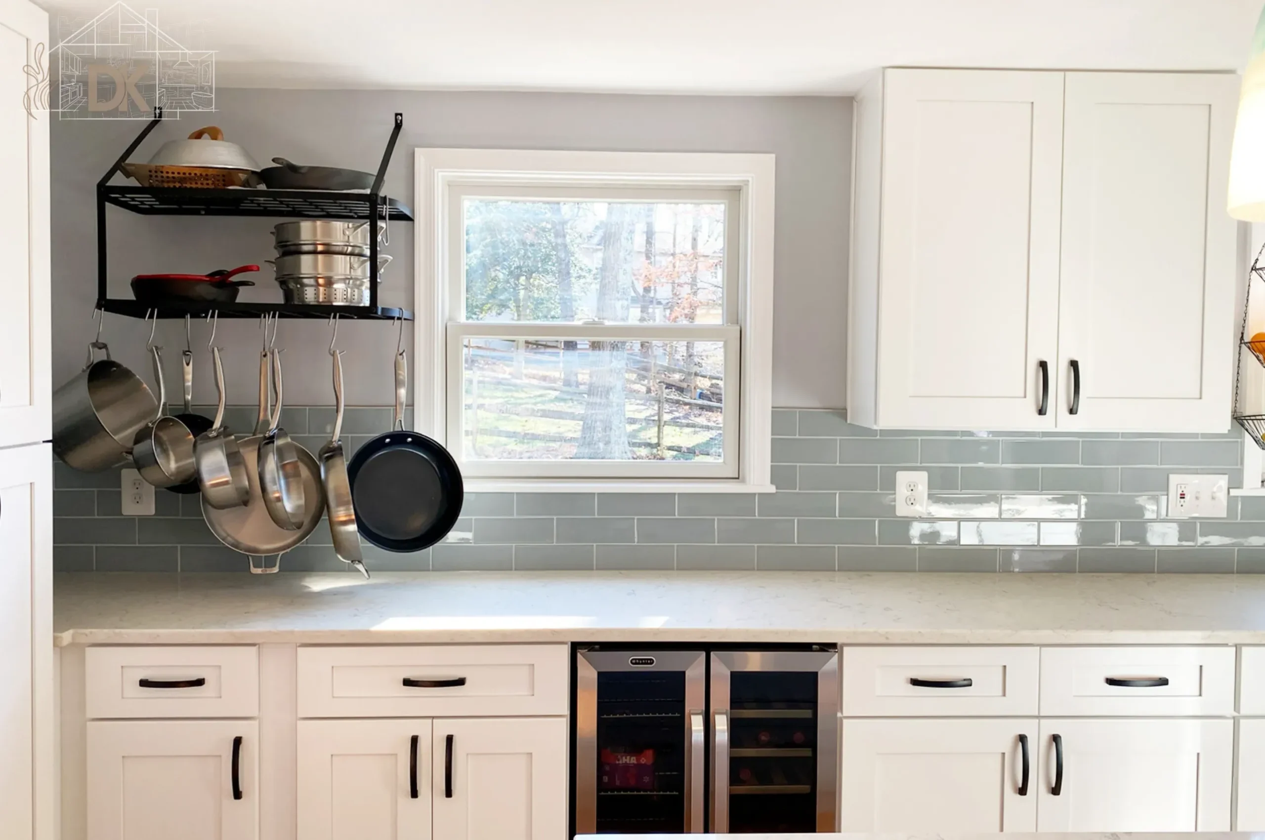 transitional-kitchen-remodel-blue-subway-tile-hanging-pot-rack-wine-fridge-northern-virginia