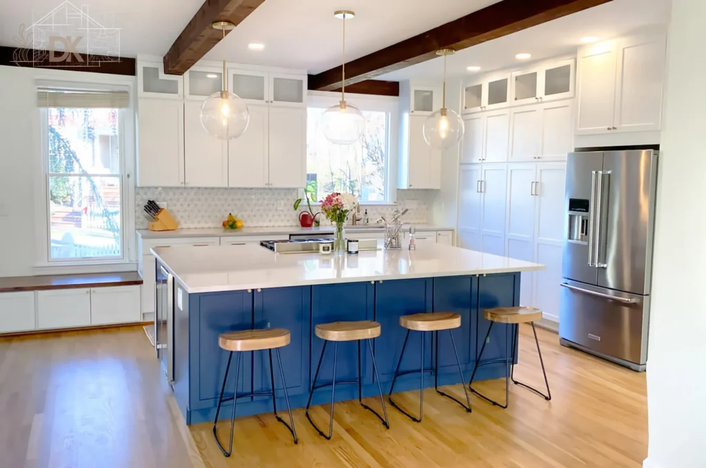 two-tone-kitchen-remodel-navy-blue-island-white-cabinets-wood-beams-loudoun-county