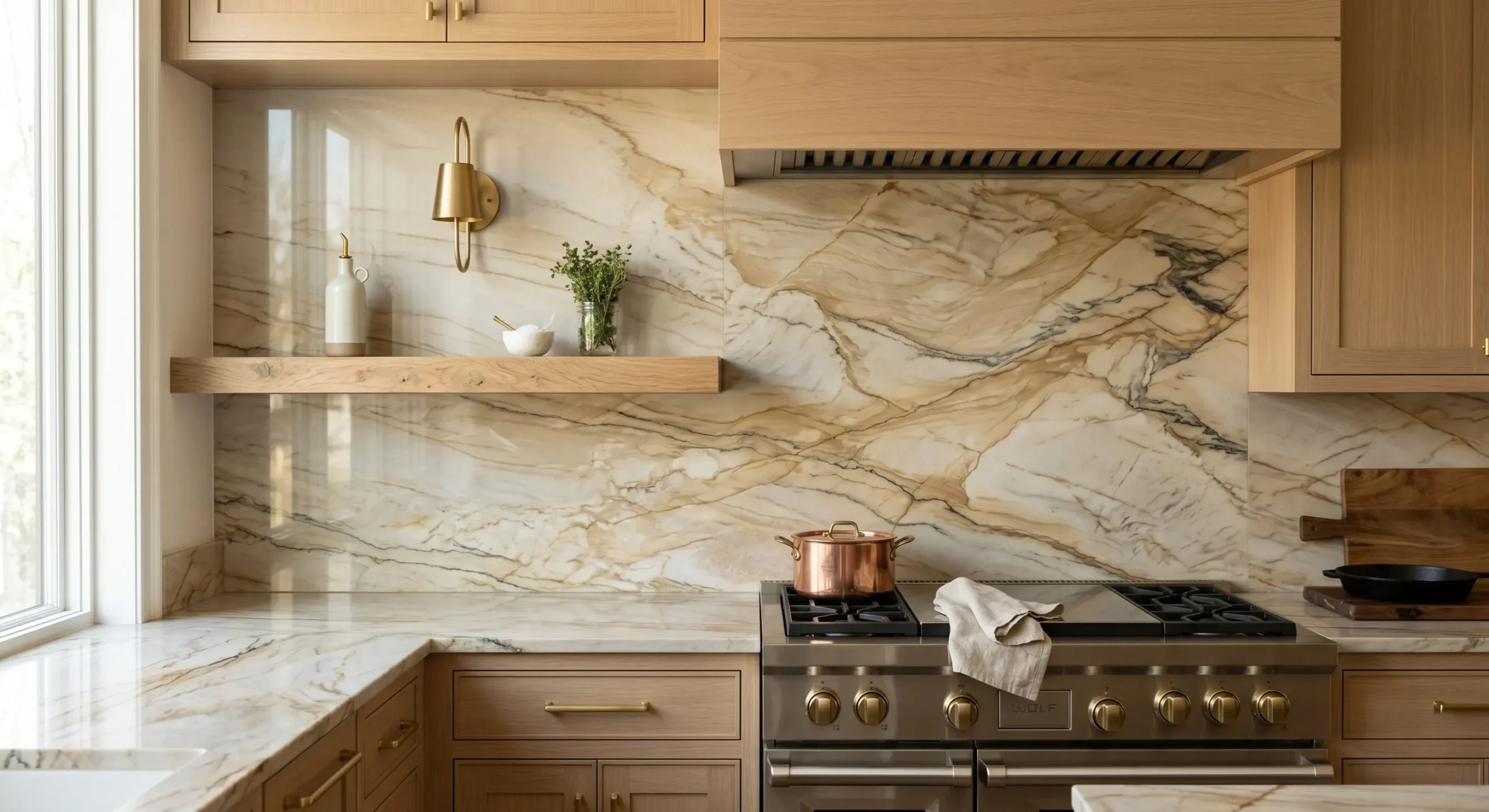 Full-height quartzite slab backsplash, a 2026 kitchen design trend