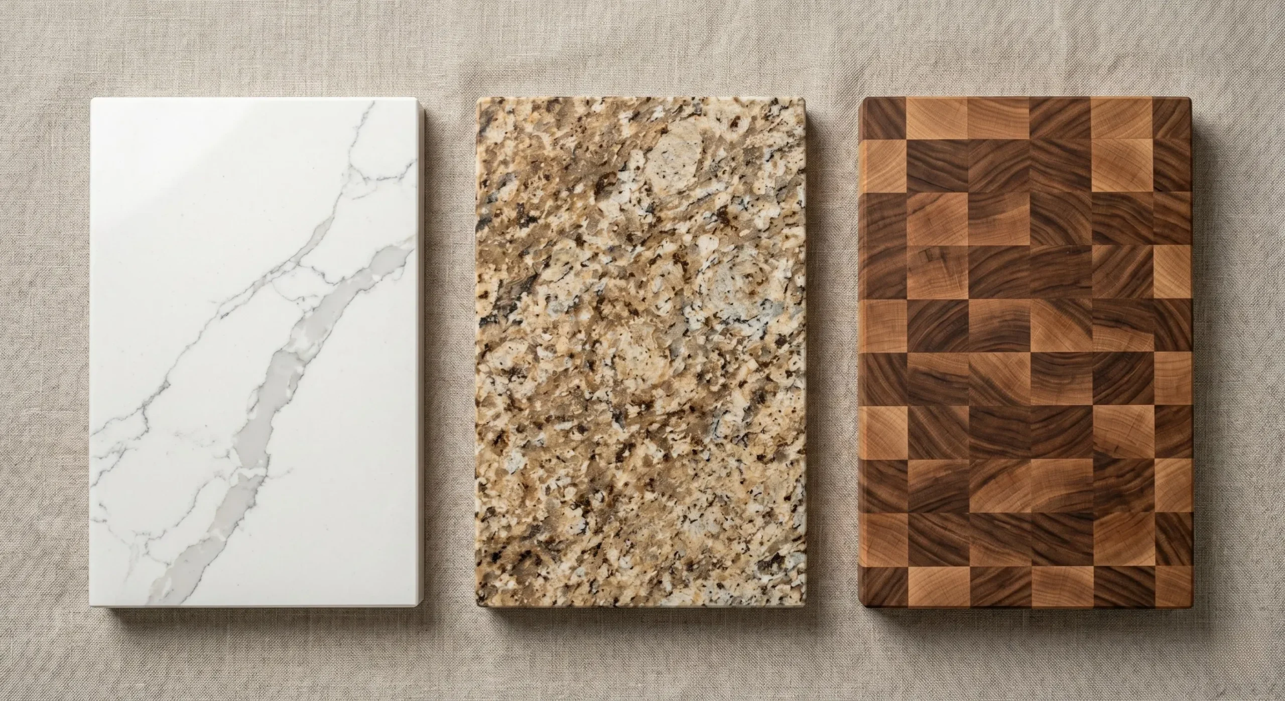 Kitchen countertop material samples compared quartz, granite, and butcher block
