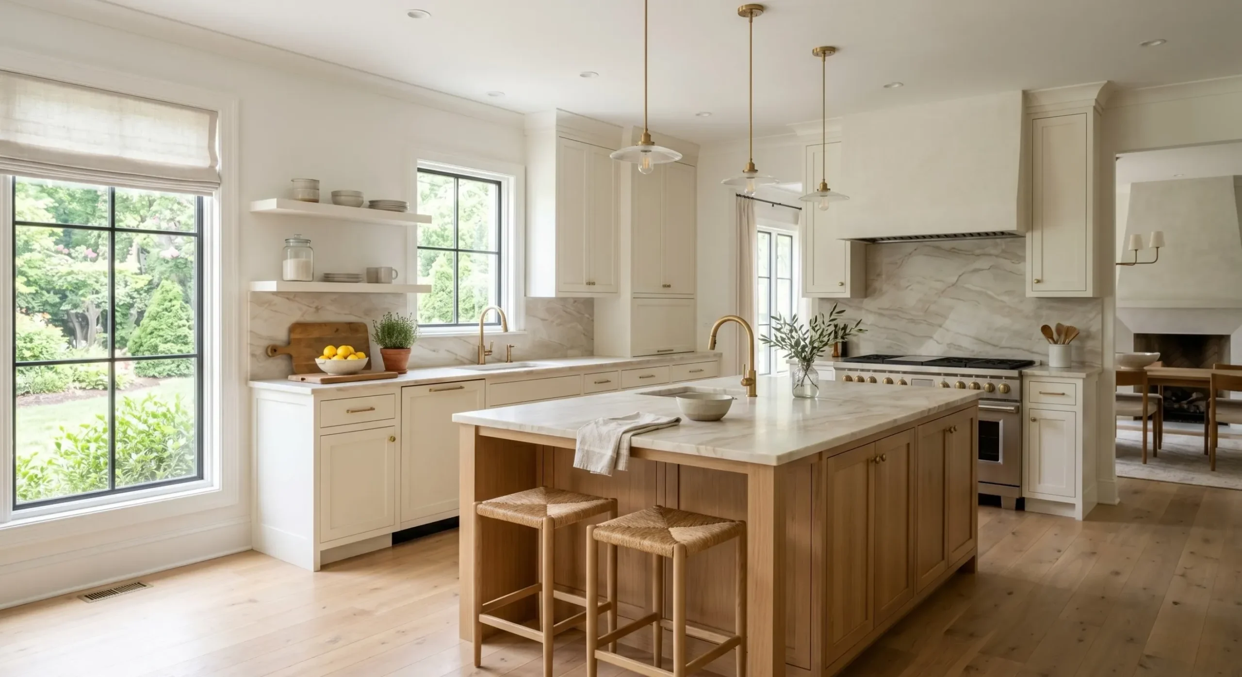 Warm quartzite kitchen countertops with white shaker cabinets in a Manassas remodel