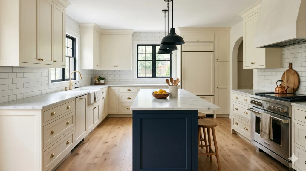 Two-tone kitchen with creamy white Shaker upper cabinets and deep navy blue lower cabinets, the dominant 2026 design trend in Northern Virginia kitchens
