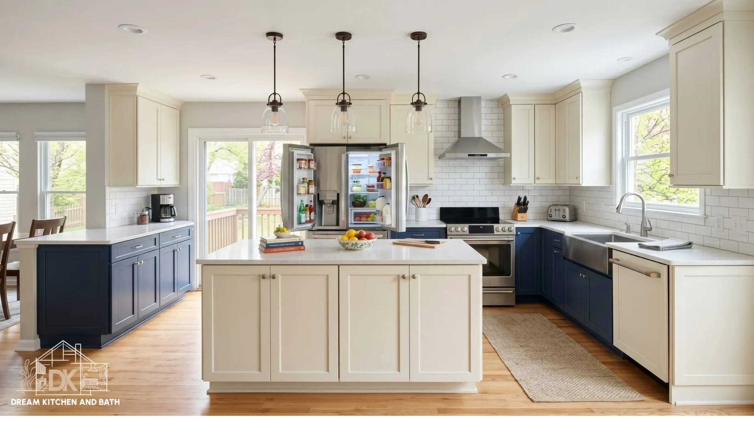Open French door refrigerator showing interior capacity in a two-tone navy and cream kitchen remodel in Fairfax County Virginia