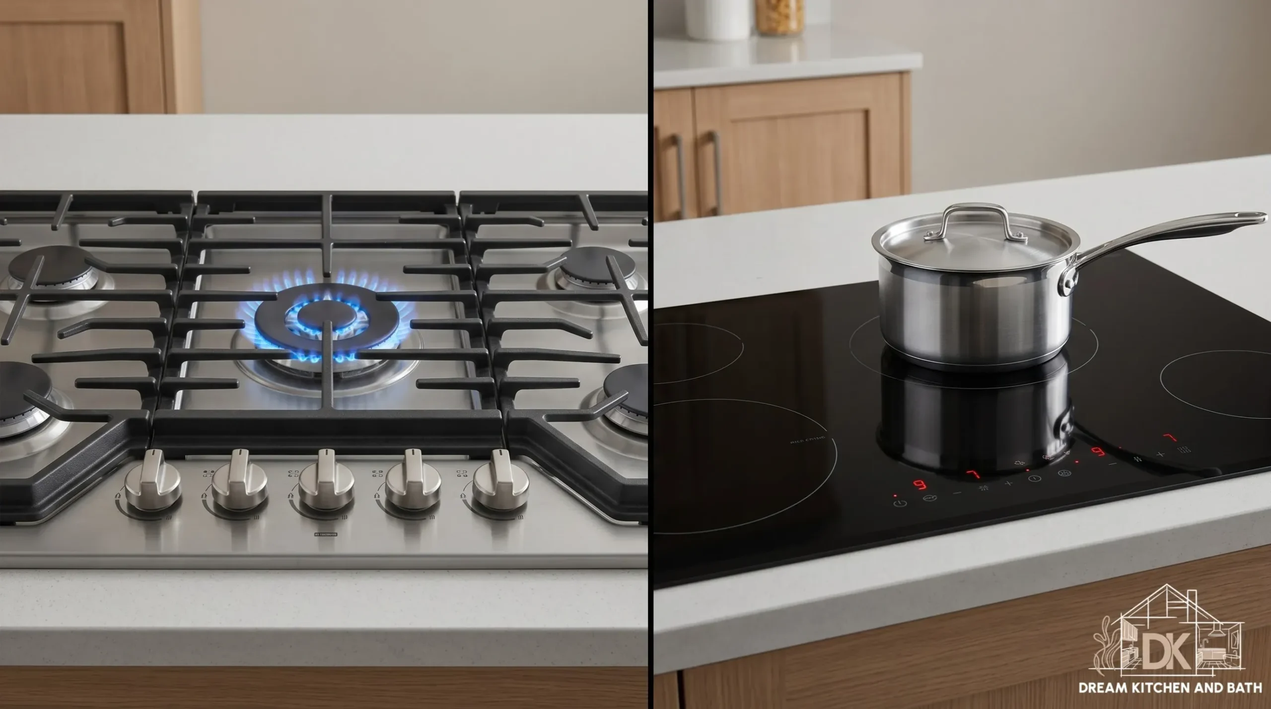 Gas cooktop with blue flame versus black glass induction cooktop comparison for Northern Virginia kitchen remodels