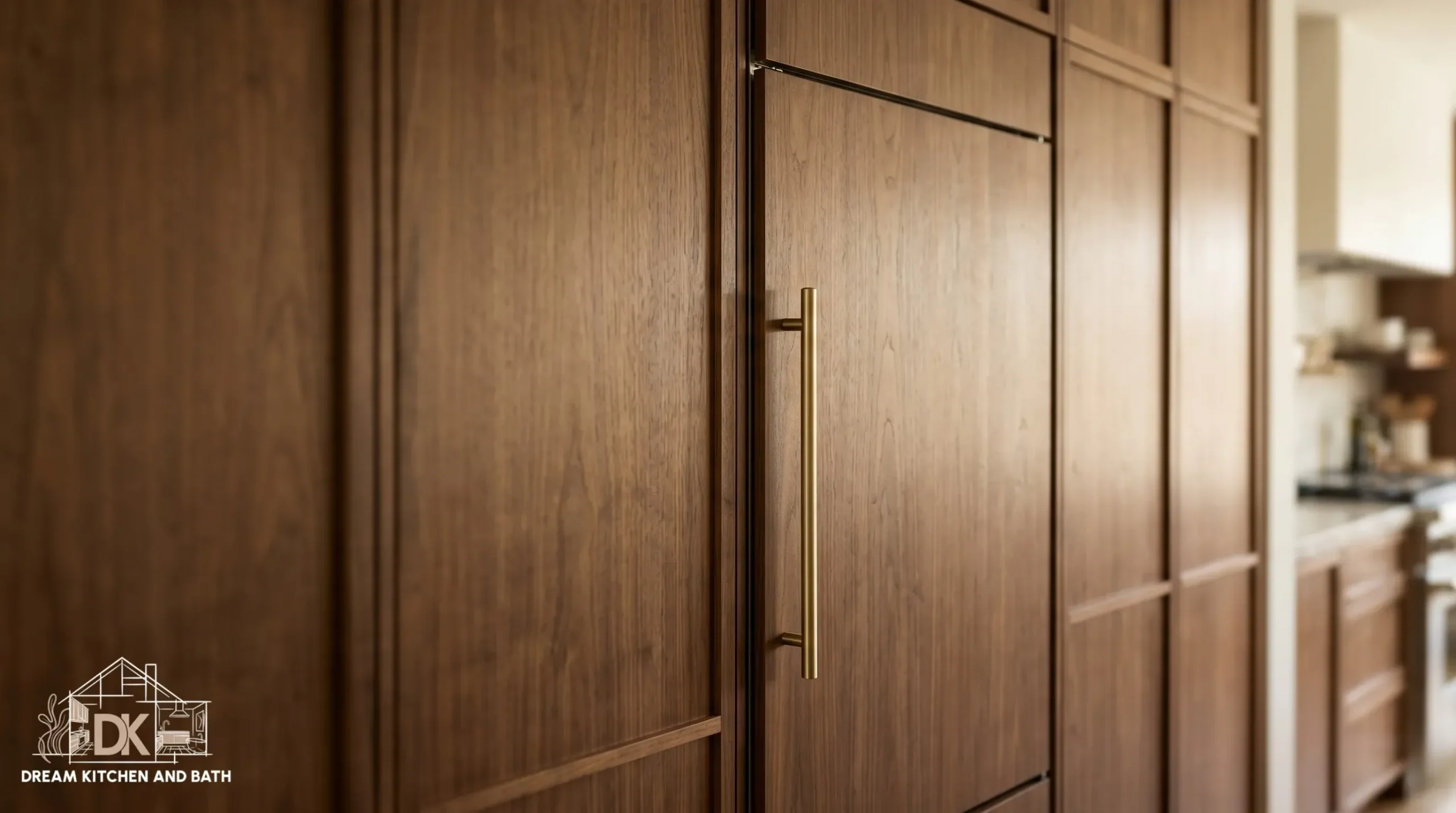 Panel-ready refrigerator integrated with custom walnut cabinetry and a brushed brass handle in a Manassas kitchen remodel