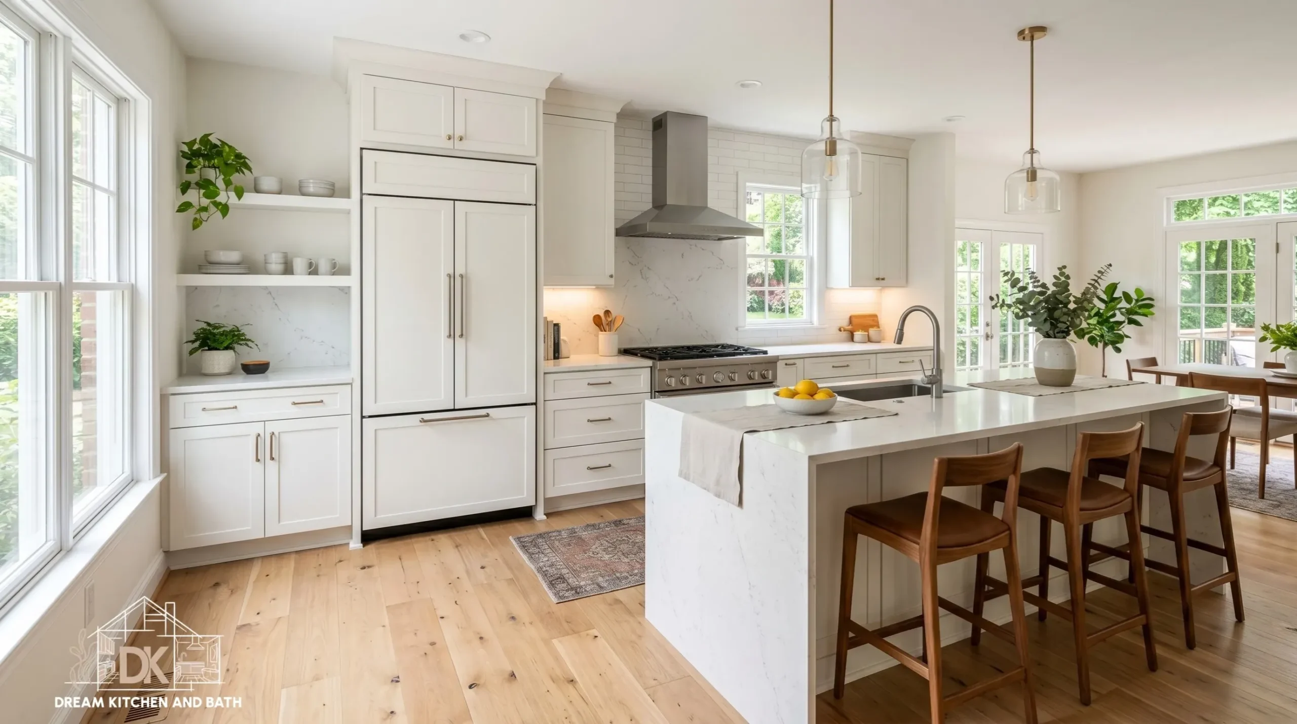 White shaker kitchen with a panel-ready refrigerator integrated flush with cabinetry and waterfall quartz island in a Northern Virginia remodel