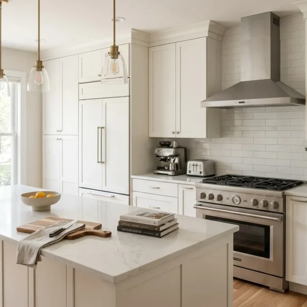 Modern Northern Virginia kitchen with coordinated stainless gas range, vent hood, and panel-ready refrigerator by Dream Kitchen and Bath in Manassas Kitchen Appliances: How to Choose the Right One in 2026