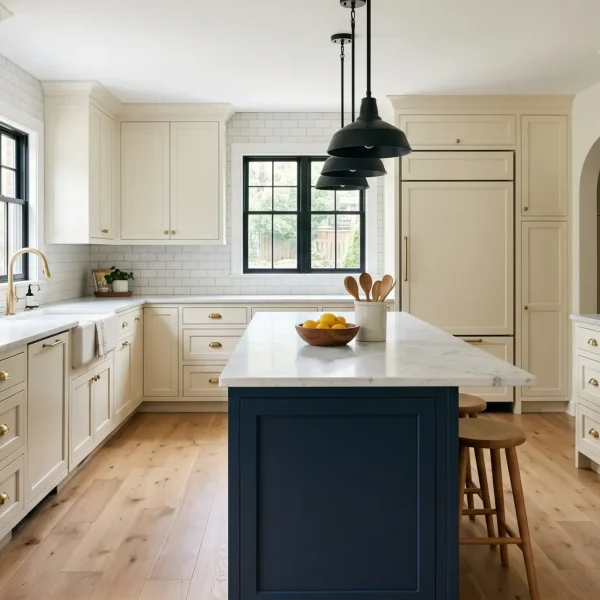 Two-tone kitchen with creamy white Shaker upper cabinets and deep navy blue lower cabinets, the dominant 2026 design trend in Northern Virginia kitchens