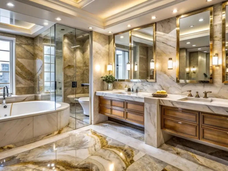 Luxury marble bathroom with double vanity, freestanding tub, glass shower, and gold accent mirrors