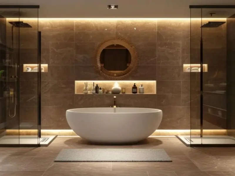 Spa style luxury bathroom with freestanding bathtub, dual walk-in glass showers, and warm ambient lighting