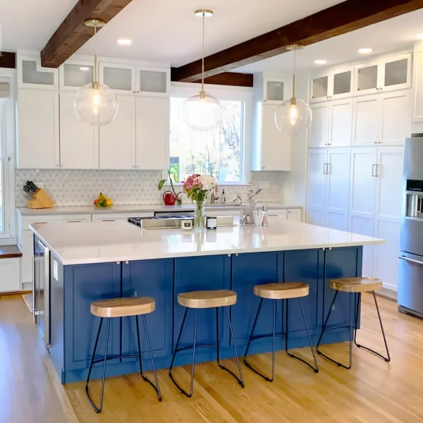 two-tone-kitchen-remodel-navy-blue-island-white-cabinets-wood-beams-loudoun-county
